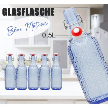 Set 12 sticle culoare Albastru Transparent, volum 0,5l, cu inchidere cu clema metalica, dop cu garnitura, reutilizabile dupa spalare, import Germania